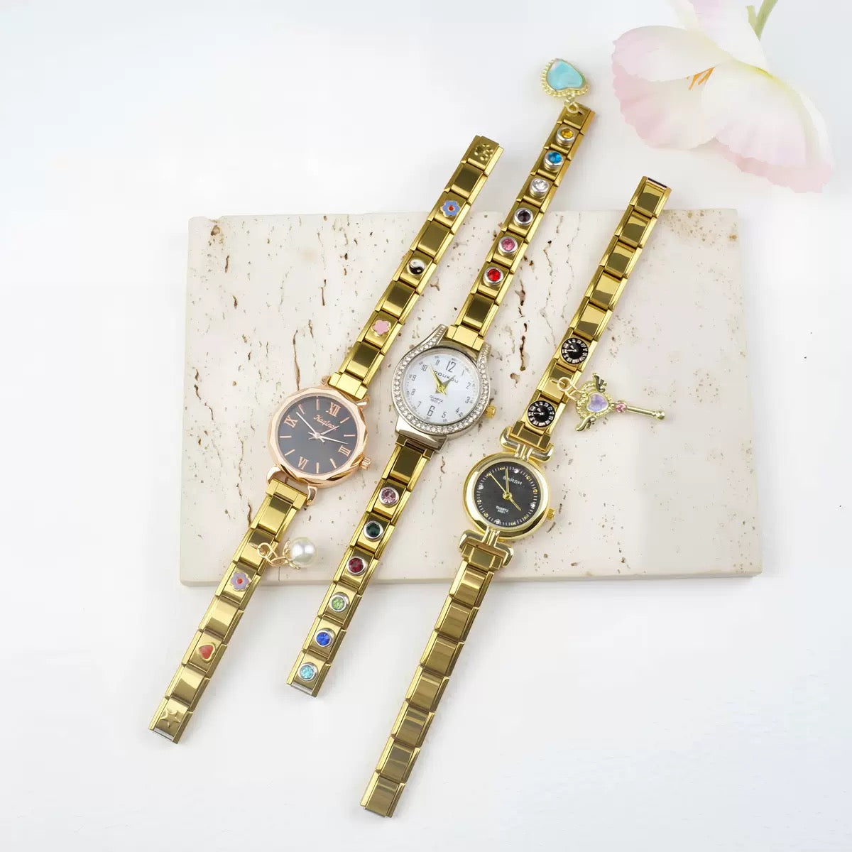 Custom Watch With Gold Italy Charms,Personalized Watch With Italian Bracelet Charms